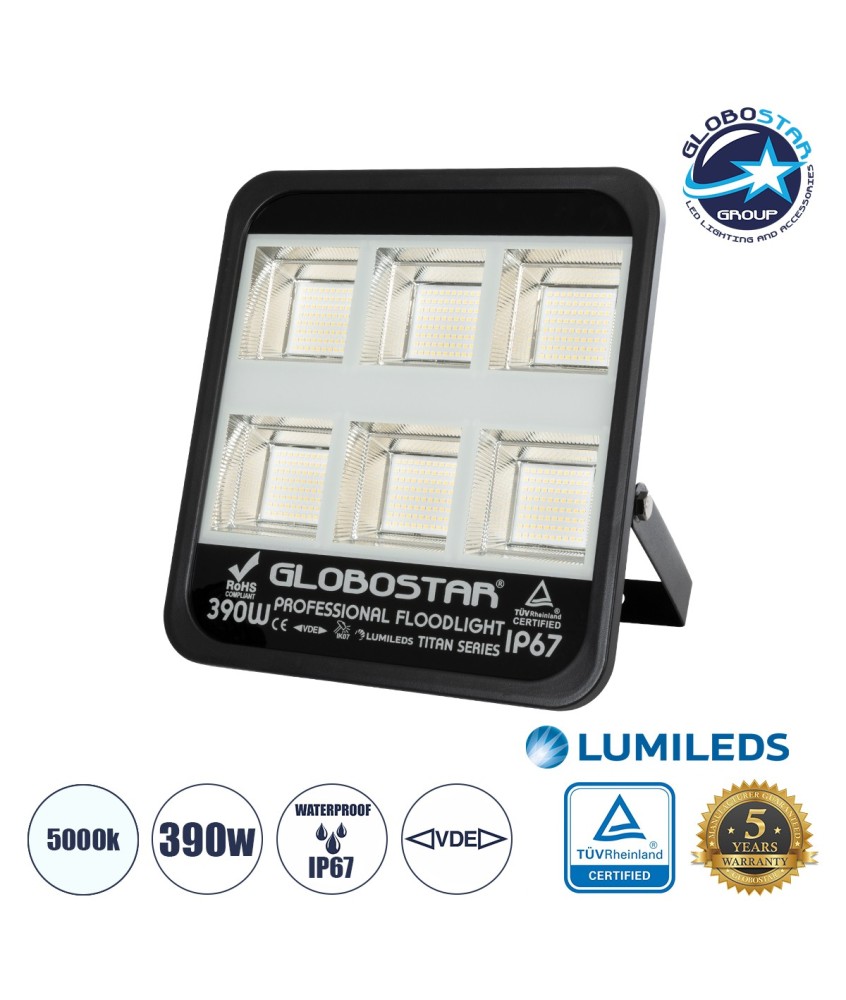 GLOBOSTAR® TITAN 61435 Προβολέας για Γήπεδα Tennis & Ποδοσφαίρου 5x5 LED 390W 48750lm 60°x90° AC 220-240V Αδιάβροχο IP67 Φυσικό Λευκό 5000K - Lumileds SMD Chip - TÜV Rheinland Certified - Μαύρο Ματ - Μ32 x Π8 x Υ35cm - 5 Χρόνια Εγγύηση